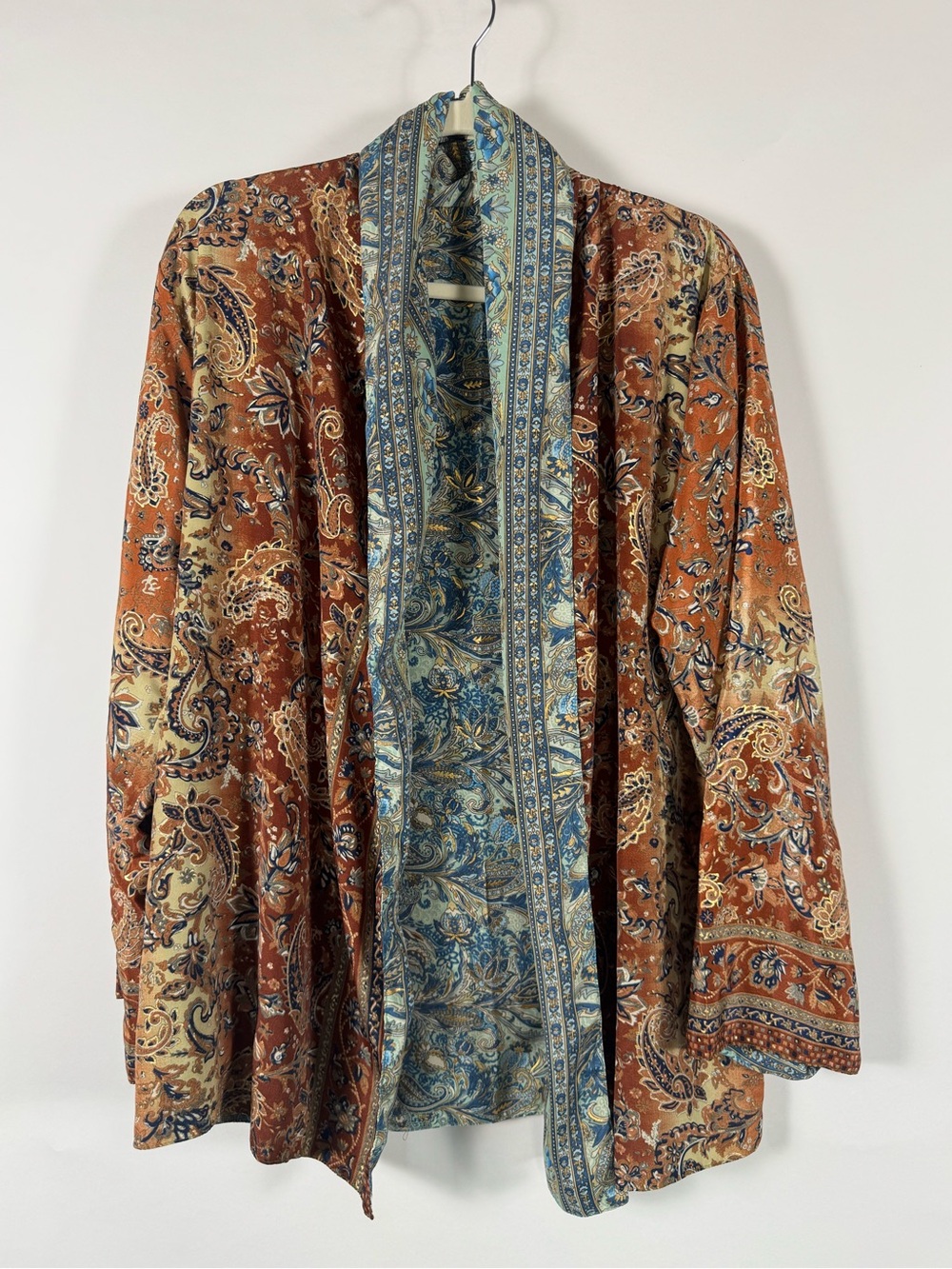 Paisley Print Open-Front Blouse Jacket in Rust & Blue
